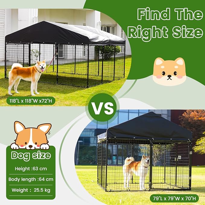 Petony Large Outdoor Dog Enclosure,Heavy Duty Dog Cage with Roof,Galvanized Steel Dog Kennel Fence with Double Safety Locks(6.56'x 6.56')