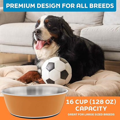 Master Pet Supply Stainless Steel Dog Bowls Set of 2 (128 Oz Each) with Non-Slip Rubber Base - Mango Tango - Basic Dog Food Bowl Water & Food Bowls for Small Medium Large Dogs & Cats, Metal Dish