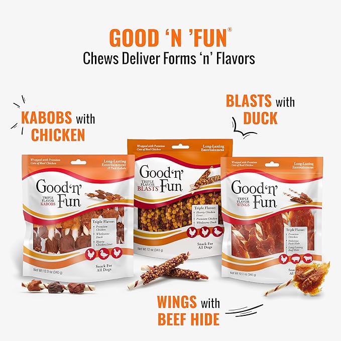 GOOD 'N' FUN Triple Flavor Wings, 24 Ounces, Rawhide Snack for All Dogs Made with Real Chicken, Pork Hide and Beef Hide