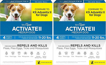 TevraPet Activate II Flea and Tick Prevention for Dogs | 4 Count | Medium Dogs 11-20 lbs | Topical Drops | 4 Months Flea Treatment (Pack of 2)