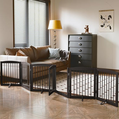 PUPETPO Freestanding Pet Gates with Walk Through Door, Dog Indoor Fence, Dog Gate for The House, Doorway, Stairs, Extra Wide Pet Gate, Support Feet Included, 120 Inch Wide, 6 Panels 24" Tall, Brown