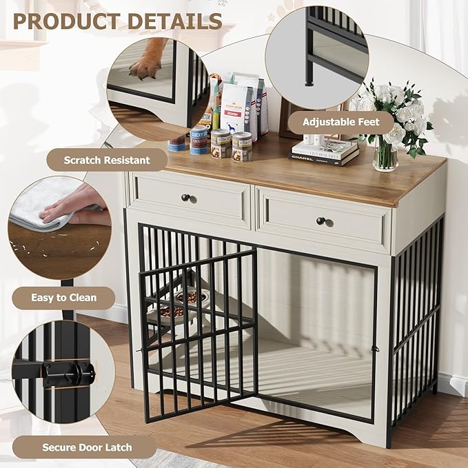 QUW 42" Modern Dog Crate Furniture, Wooden Dog Kennel for Medium to Large with 360° Rotating & 3-Levels Adjustable Height Dogs Bowl Holder, Decorative Dogs cage Pet House Indoor, Antique White