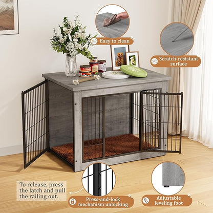 Greesum Modern Dog Crate Furniture That Doubles as a Side Table - Sturdy Wooden Kennel with Double Door Design, Equipped with Soft Cushion & Chew-Resistant Resign, Suitable for Dogs
