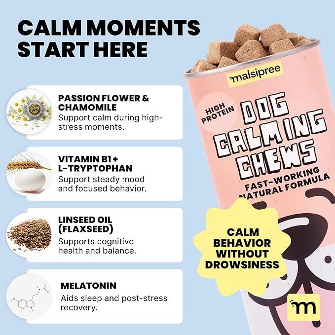 MalsiPree Calming Soft Chews for Dogs - 145 Count, Salmon Flavor - Promotes Relaxation & Composure - Support for Car Rides, Loud Noises, Grooming & Changes in Routine - with Chamomile & Melatonin