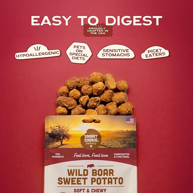 Smart Cookie All Natural Dog Treats - Wild Boar & Sweet Potato - Training Treats for Dogs with Allergies, Sensitive Stomachs - Soft Dog Treats, Chewy, Grain Free, Made in USA - 5oz Bag, Pack of 3