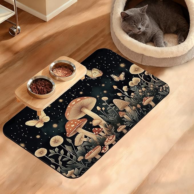 Fantasy Mushroom Dog Cat Food Mat,Butterfly Stars Absorbent Waterproof Placemat for Food and Water Non Slip Rubber Backing Durable Feeding Pad for Clean Floors 12" x 20"