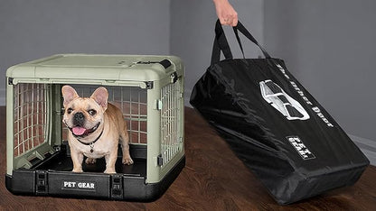 Pet Gear “The Other Door” 4 Door Steel Crate for Dogs/Cats with Garage-Style Door, Includes Plush Bed + Travel Bag, No Tools Required, Green Clover, 27 Inch