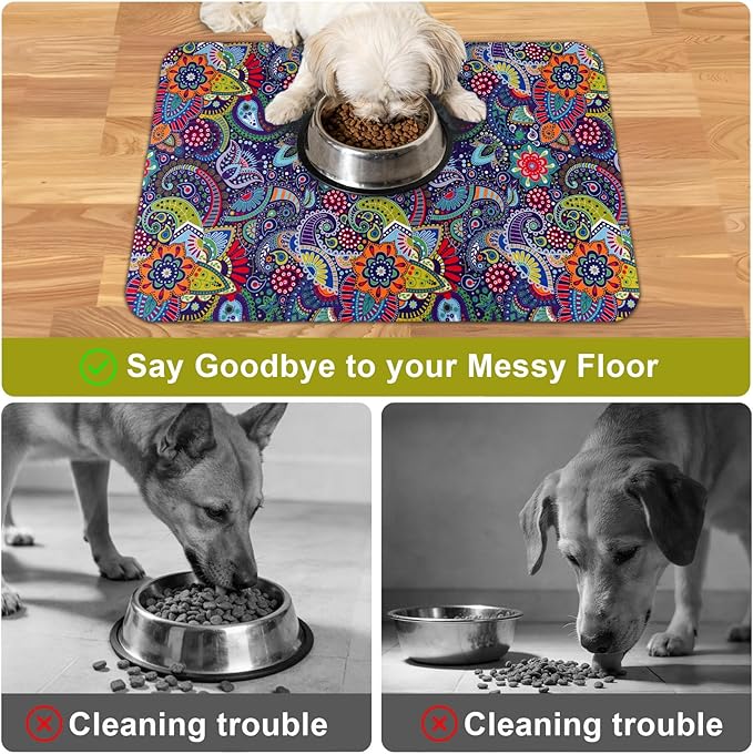 Dog Food Mats for Floors Waterproof Mat for Cat Food and Water Bowls - Absorbent Quick Dry Non Slip Mat for Pet Feeding