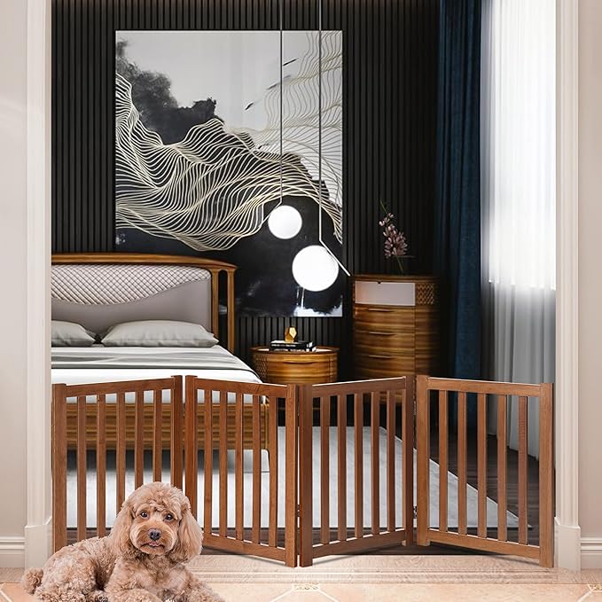 LZRS 4-Panel Wooden Free Standing Foldable Dog Gate Indoor – 24" High, Extra Wide Step-Over Safety Pet Gate for Doorways, Stairs, Hallways, Large Spaces & Playpen for Puppies Indoor Use, Oak