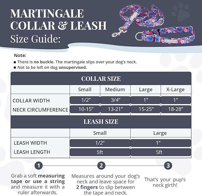 Lucky Love Dog Martingale Dog Collar & Leash - Adjustable, No-Slip, Durable, Comfortable, Soft Webbing, & Stylish Patterned Collar & Leash Set for Male and Female Dogs - Zuzu Combo, Small