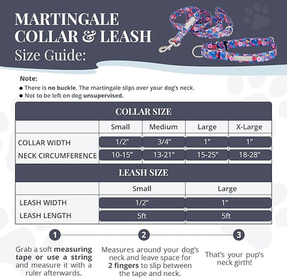 Lucky Love Dog Martingale Dog Collar & Leash - Adjustable, No-Slip, Durable, Comfortable, Soft Webbing, & Stylish Patterned Collar & Leash Set for Male and Female Dogs - Zuzu Combo, Small