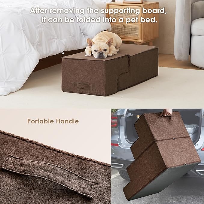 EHEYCIGA Dog Stairs for Bed 20" H, 4-Step Extra Wide Dog Steps for High Bed, Pet Steps for Small Dogs and Cats, Non-Slip Balanced Pet Ramp Indoor, Brown