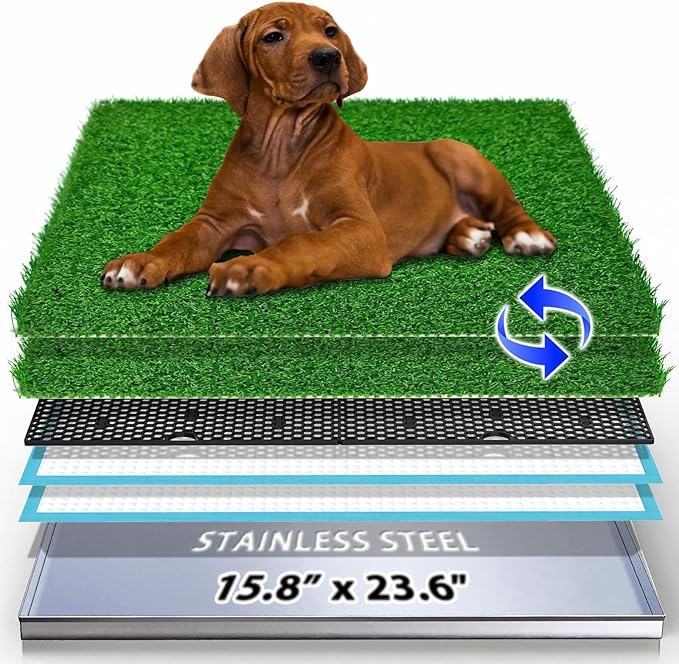Dog Grass Pad with Stainless Steel Tray - 23.6"x15.8" Dog Potty Indoor Outdoor - Odor-Free 4-Layer Drainage System with Durable & Strong Metal Tray - Artificial Grass Turf for Small Medium