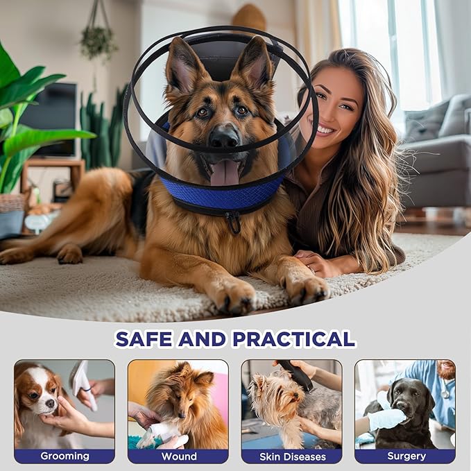 Soft Dog Cone for Dogs After Surgery,Transparent Breathable Dog Cone Collar for Small Large Medium Size Dog,Adjustable Depth Pet Recovery Collars,Elizabethan Collar for Dogs Stop Licking (Blue-XL)