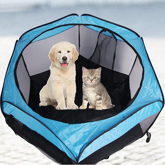 Portable Pet Playpen for Dogs and Cats,Pop Up Playpen for Small Middle Dogs Cats Pet Tent Playground, Indoor Outdoor,47x47x30,Blue/Black,1Pack