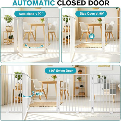 Snagle Paw Extra Wide Dog Gate,Free Standing Dog Fence with Door, Up to 156 Inch Wide Pet Gate with Support Feet for Stairs, Hallways, Doorways, Yard (White, 6 Panels)