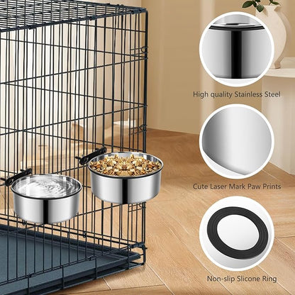 2 Pack Kennel Bowls Mountable,Dog Crate Water Bowl No Spill,Hanging Dog Bowl for Crate Cage,Stainless Steel Dogs Water Feeder Dish for Dogs Cats Bunny Ferret Bird,Silver