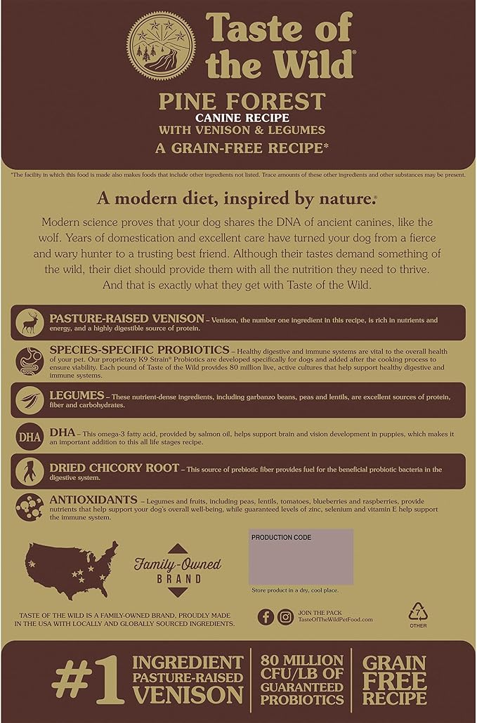 Taste of the Wild Pine Forest Grain-Free Recipe with Roasted Venison Dry Dog Food for All Life Stages Made with High Protein from Real Venison, Superfoods and Guaranteed Nutrients Like Probiotics 28lb