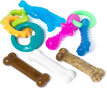 Nylabone New Puppy Starter Kit, 5 Chew Toys and 1 Natural Treat for Puppies, Multi Color, Bacon & Chicken Flavor, Small Dogs - Up to 25 lbs., 6 Pack