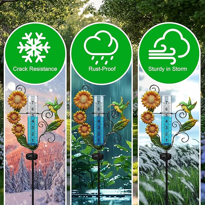 Rain Gauge Outdoor - Solar Rain Gauges with Lights Waterproof Metal Stake Hummingbird & Sunflowers Decorative Rain Gauge Freeze Proof 7" Measuring Cup for Garden Yard Lawn Decor