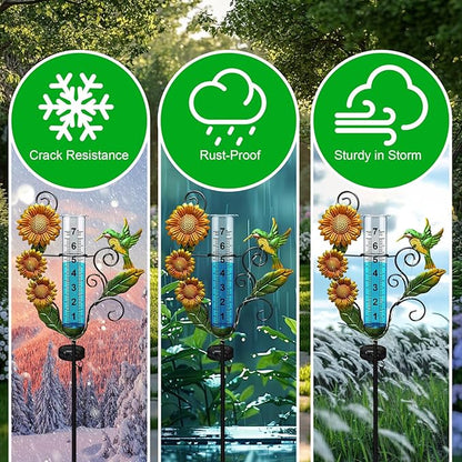 Rain Gauge Outdoor - Solar Rain Gauges with Lights Waterproof Metal Stake Hummingbird & Sunflowers Decorative Rain Gauge Freeze Proof 7" Measuring Cup for Garden Yard Lawn Decor