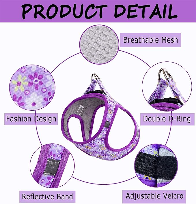 Moonpet Step in Dog Harness Leash Set- All Weather Reflective No-Pull Floral Pattern Padded Mesh Vest Harness for Cats Puppy Extra-Small Small Medium Large Dogs - Purple Flower - S