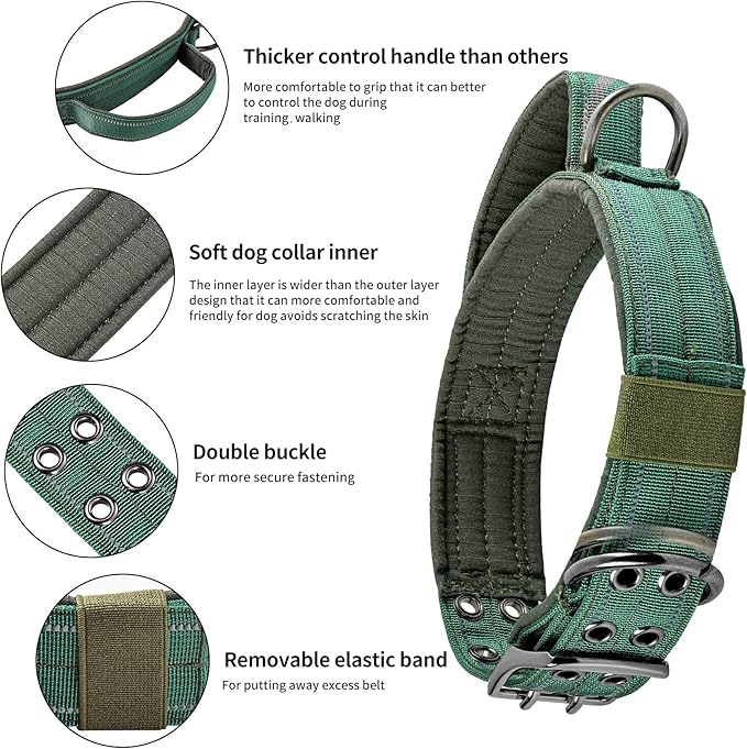 Annchwool Tactical Dog Collar for Medium and Large Dog,Adjustable Military Dog Collar with Soft Padded Handle,Heavy Duty Double Buckle Design(Green,XL)