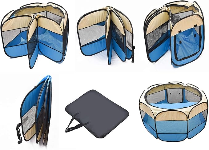 Portable Pet Playpen for Dogs and Cats,Pop Up Playpen for Small Middle Dogs Cats Pet Tent Playground, Indoor Outdoor,47x47x30,Blue/Black,1Pack