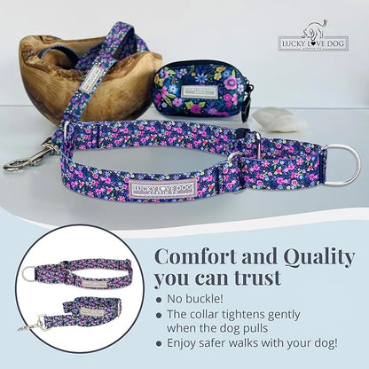 Lucky Love Dog Martingale Dog Collar & Leash - Adjustable, No-Slip, Durable, Comfortable, Soft Webbing, & Stylish Patterned Collar & Leash Set for Male and Female Dogs - Primrose Combo, Large