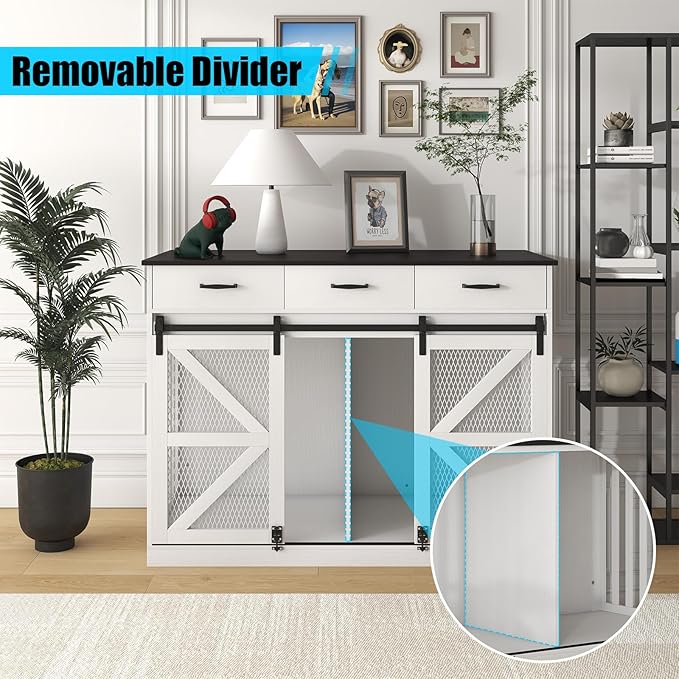 47 Inch Wooden Dog Crate Furniture for 2 Dogs with Removable Divider & Storage Drawers, Double Door Kennel for Medium and Extra Large Dogs, Farmhouse Dog Cage Side End Table for Indoor use, White
