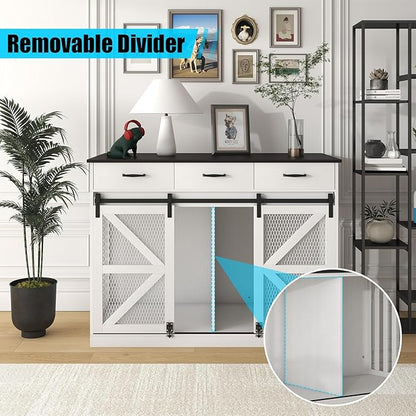 47 Inch Wooden Dog Crate Furniture for 2 Dogs with Removable Divider & Storage Drawers, Double Door Kennel for Medium and Extra Large Dogs, Farmhouse Dog Cage Side End Table for Indoor use, White