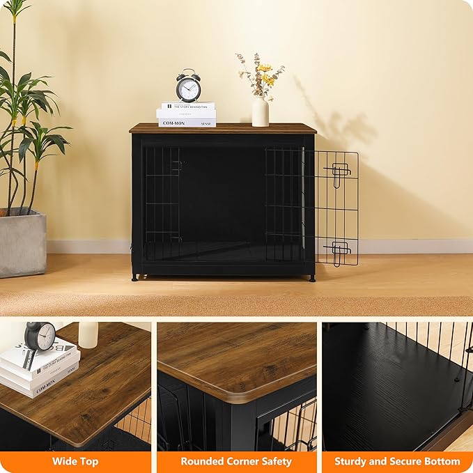 DWANTON Dog Crate Furniture with Cushion, Wooden Kennel Table with Double Doors, Indoor Dog House, Medium Size, 32.5" L, Black+Warm Brown