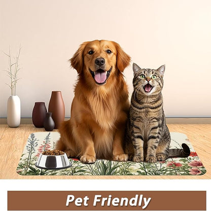 Vintage Flower Botanical Garden Dog Cat Food Mat,Absorbent Pet Feeding Mat for Food and Water,Non-Slip Dog Bowl Mats Floor Protector 12"x20"