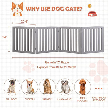 Dog Gate Pet Gate for House, Stairs, Hallways, Doorways 82x24 Inch 4 Panels Foldable Dog Fence for Indoor Extra Wide Wooden Grey