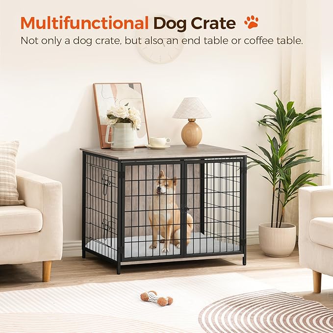 MAHANCRIS Dog Crate Furniture with Cushion, Wooden Dog Kennel with Double Doors, Heavy Duty Dog Cage for Small/Medium/Large Dogs, Indoor Dog House End Table, 31.5" L, Greige DCHG0701