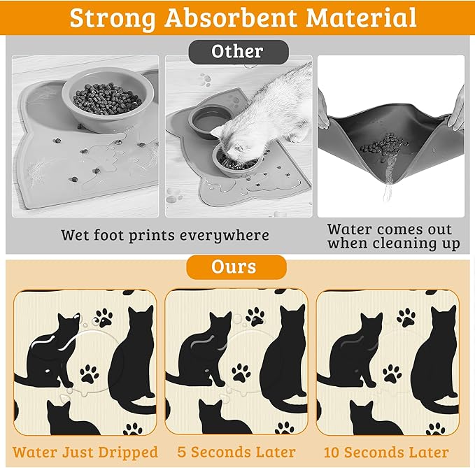 Pet Feeding Mat,Cat Silhouette Absorbent Dog Cat Food Mat Dog Mat with Rubber Backing,Non-Slip Water Bowl Placemat,Pet Supplies 12" x 20"