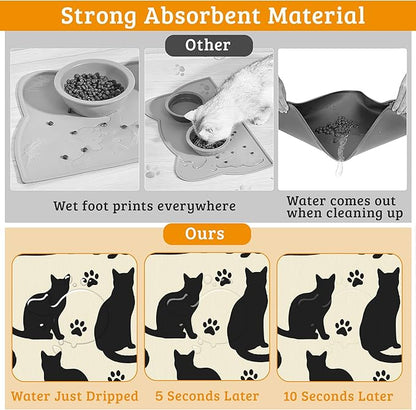 Pet Feeding Mat,Cat Silhouette Absorbent Dog Cat Food Mat Dog Mat with Rubber Backing,Non-Slip Water Bowl Placemat,Pet Supplies 12" x 20"