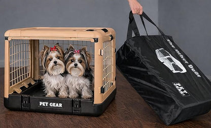 Pet Gear “The Other Door” 4 Door Steel Crate for Dogs/Cats with Garage-Style Door, Includes Plush Bed + Travel Bag, No Tools Required, Sand Dune, 27 Inch
