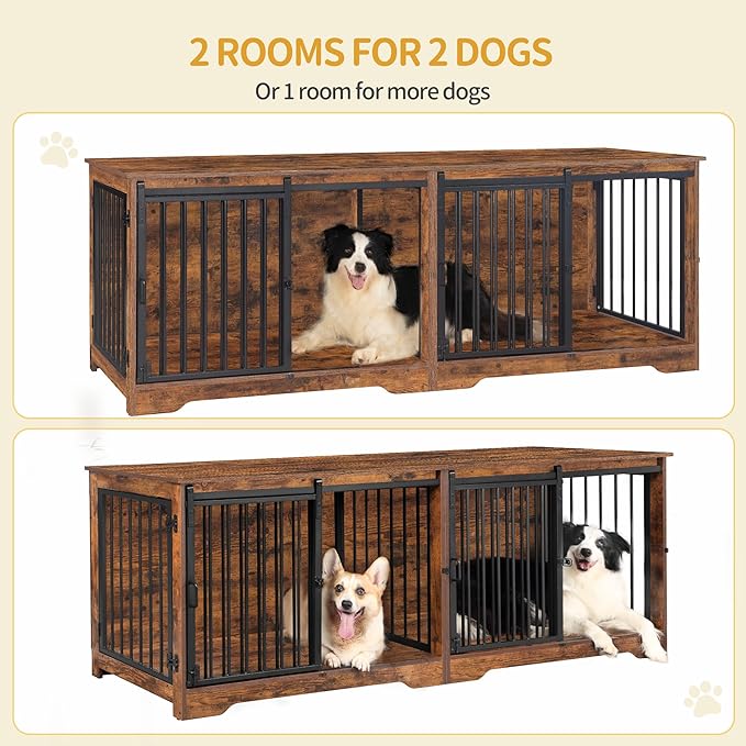 Hzuaneri 78" Dog Crate Furniture for 2 Dogs, Double Dog Cage with Divider, Wooden Heavy Duty Dogs Kennel, Pet Cage with Barn Door, TV Stand for Large Small Medium Dogs, Rustic Brown DFC83701BV1