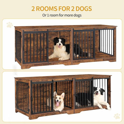 Hzuaneri 78" Dog Crate Furniture for 2 Dogs, Double Dog Cage with Divider, Wooden Heavy Duty Dogs Kennel, Pet Cage with Barn Door, TV Stand for Large Small Medium Dogs, Rustic Brown DFC83701BV1