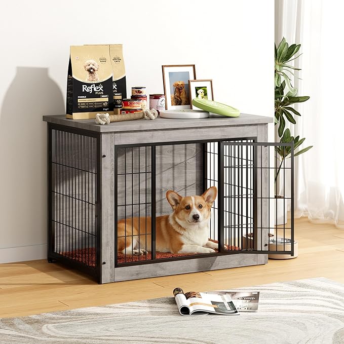 Greesum Modern Dog Crate Furniture That Doubles as a Side Table - Sturdy Wooden Kennel with Double Door Design, Equipped with Soft Cushion & Chew-Resistant Resign, Suitable for Dogs