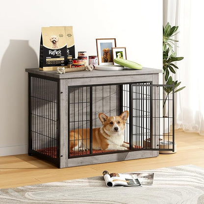 Greesum Modern Dog Crate Furniture That Doubles as a Side Table - Sturdy Wooden Kennel with Double Door Design, Equipped with Soft Cushion & Chew-Resistant Resign, Suitable for Dogs