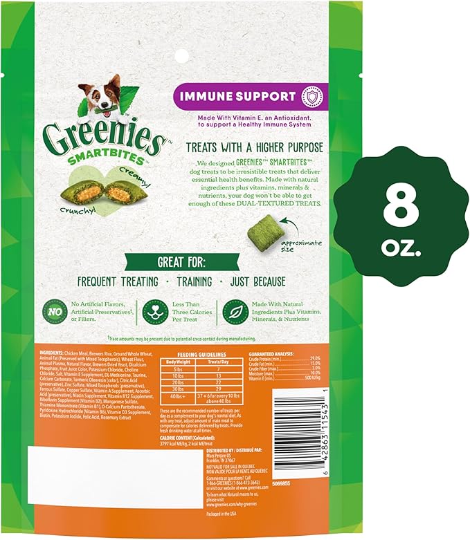 Greenies Smartbites Soft Dog Treats, Dog Immune Support Crunchy & Soft, Chicken Flavor, 8 oz. Pack