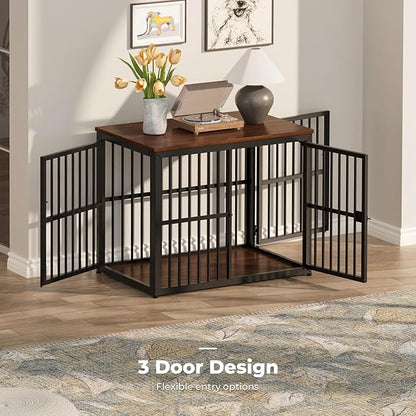 Lyromix 33'' Dog Crate Furniture with 3 Doors,Wooden Crate End Table Heavy Duty Indoor Puppy Cage for Small to Medium Dogs, Multiple Units Can be Combined, Walnut