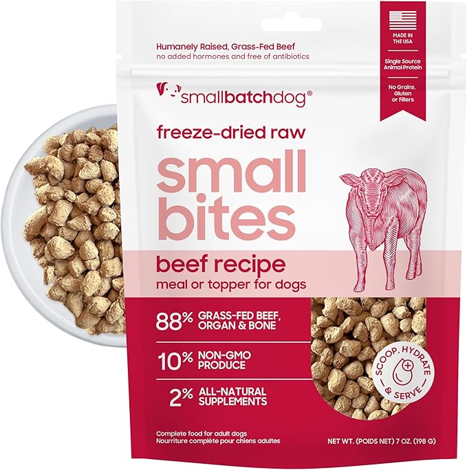 smallbatch Freeze-Dried Beef Dog Food – Grain Free, Organic Produce – Raw Dehydrated Beef Small Bites, High Protein Complete Meal or Topper – Humanely Raised, Made in USA, 7oz