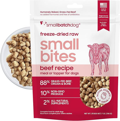 smallbatch Freeze-Dried Beef Dog Food – Grain Free, Organic Produce – Raw Dehydrated Beef Small Bites, High Protein Complete Meal or Topper – Humanely Raised, Made in USA, 7oz
