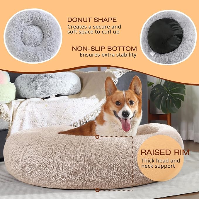 JOLLYVOGUE Dog Beds Large Sized Dog, 36 inches Calming Soft Anti-Anxiety Donut Dogs Bed, Washable Round Fluffy Cushion for Large Pets, Fits up to 80 lbs Pets
