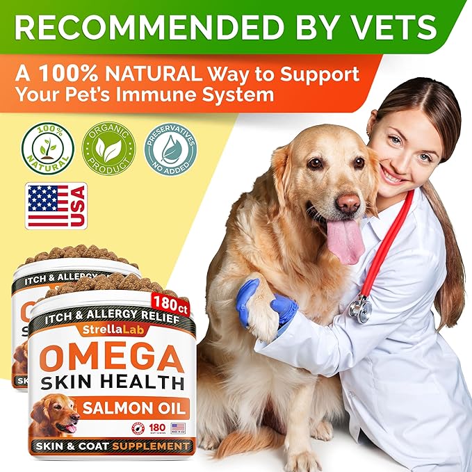 STRELLALAB Omega 3 for Dogs - (360Ct) Fish Oil Treats - Allergy & Itch Relief Skin & Coat Supplement - Dry Itchy Skin, Anti Shedding & Hot Spots Treatment - Pet Salmon Oil Chews - Chicken Flavor