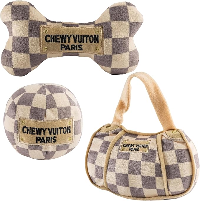 Haute Diggity Dog Chewy Vuiton Bone Ball & Handbag Plush Squeaky Dog Toys, Soft Durable Designer-Inspired Stuffed Puppy Chew Toys for Small & Medium Dogs, Machine-Washable (Tan Checker) One Size 3 Pcs