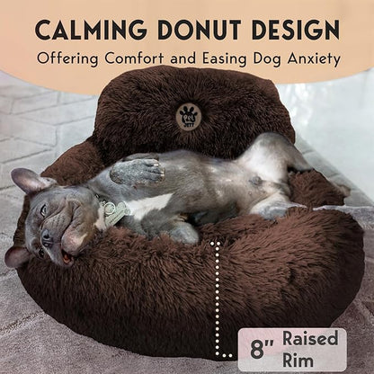 PetJett Calming Dog Bed for Small Dogs – 23" Donut Dog Beds, Anti-Slip & Washable Fluffy Plush Faux Fur Pet Bed, Anti-Anxiety Premium Comfort Round Puppy Bed, Fits Dogs up to 25 lbs – Brown